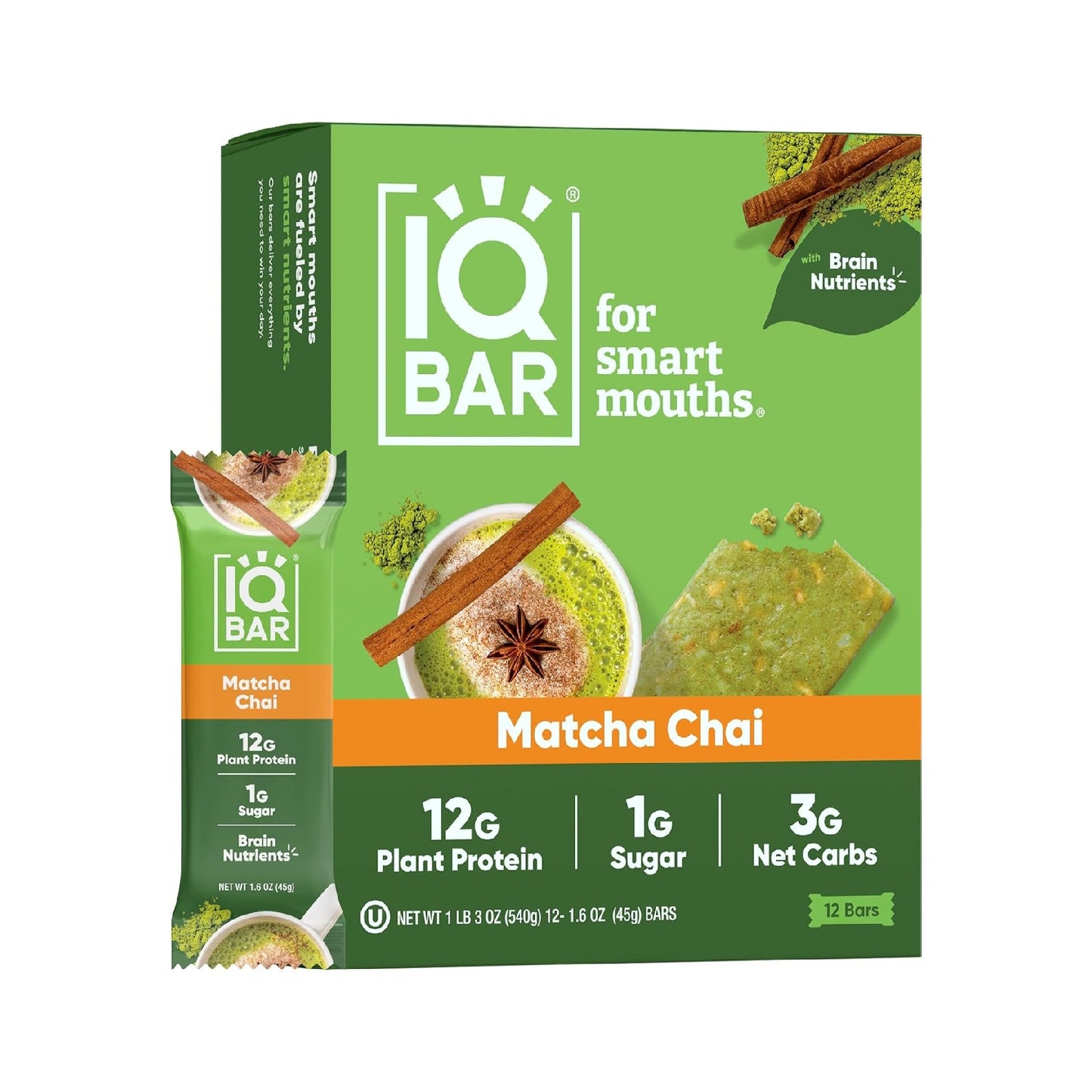 IQBAR Brain and Body Plant Protein Bars -12-Count Low Carb - Gluten Free, High Fiber